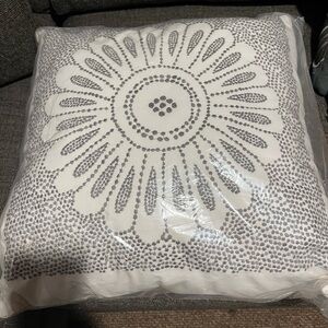 Decorative White Throw Pillow with Gray Sunburst Embroidery